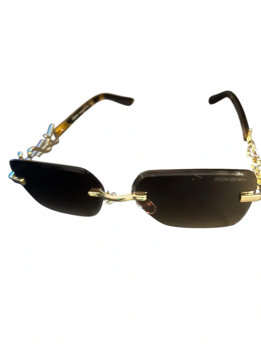 YSL/ Tortoiseshell Arm Rimless Sunglasses with Gold Logo - Brown